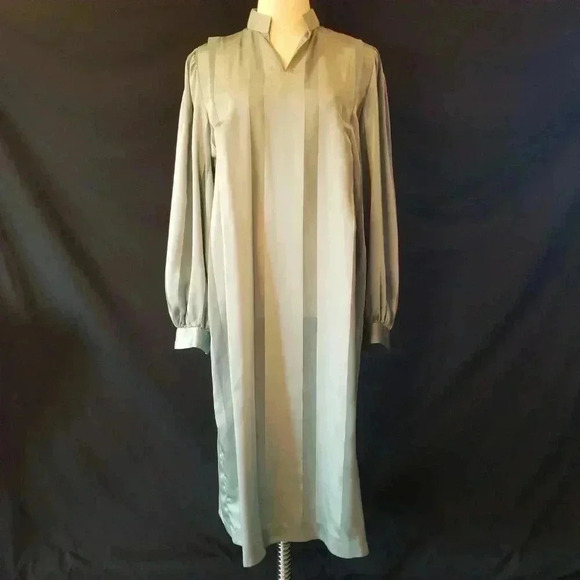 VINTAGE 80s Sage Green Sheer Striped Satin Dress M - L - Picture 7 of 10